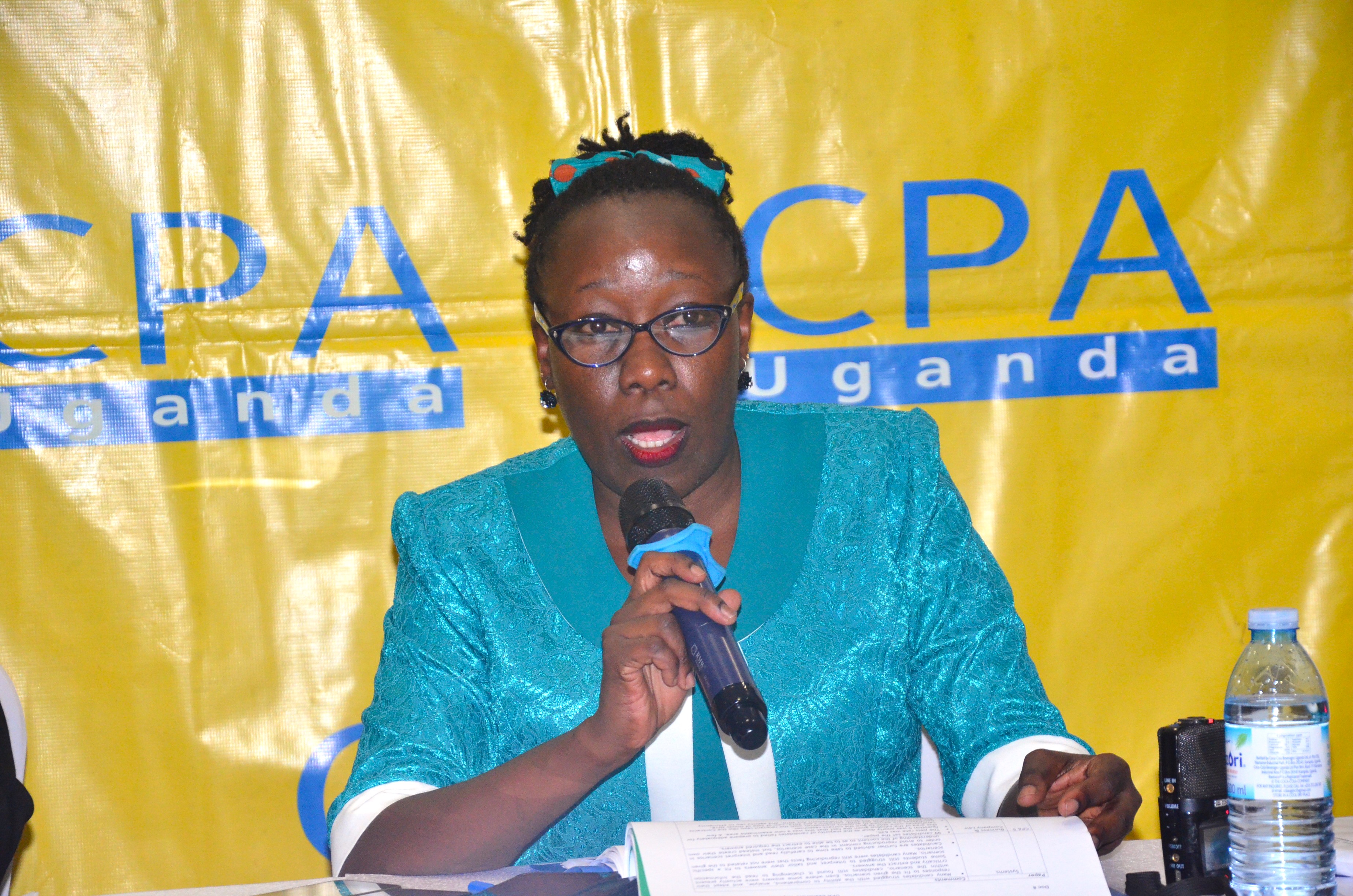 Chairperson of the Public Accountants Examinations Board, CPA Prof. Laura Aseru Orobia addresses journalists at the release of the 2023 August examination results.