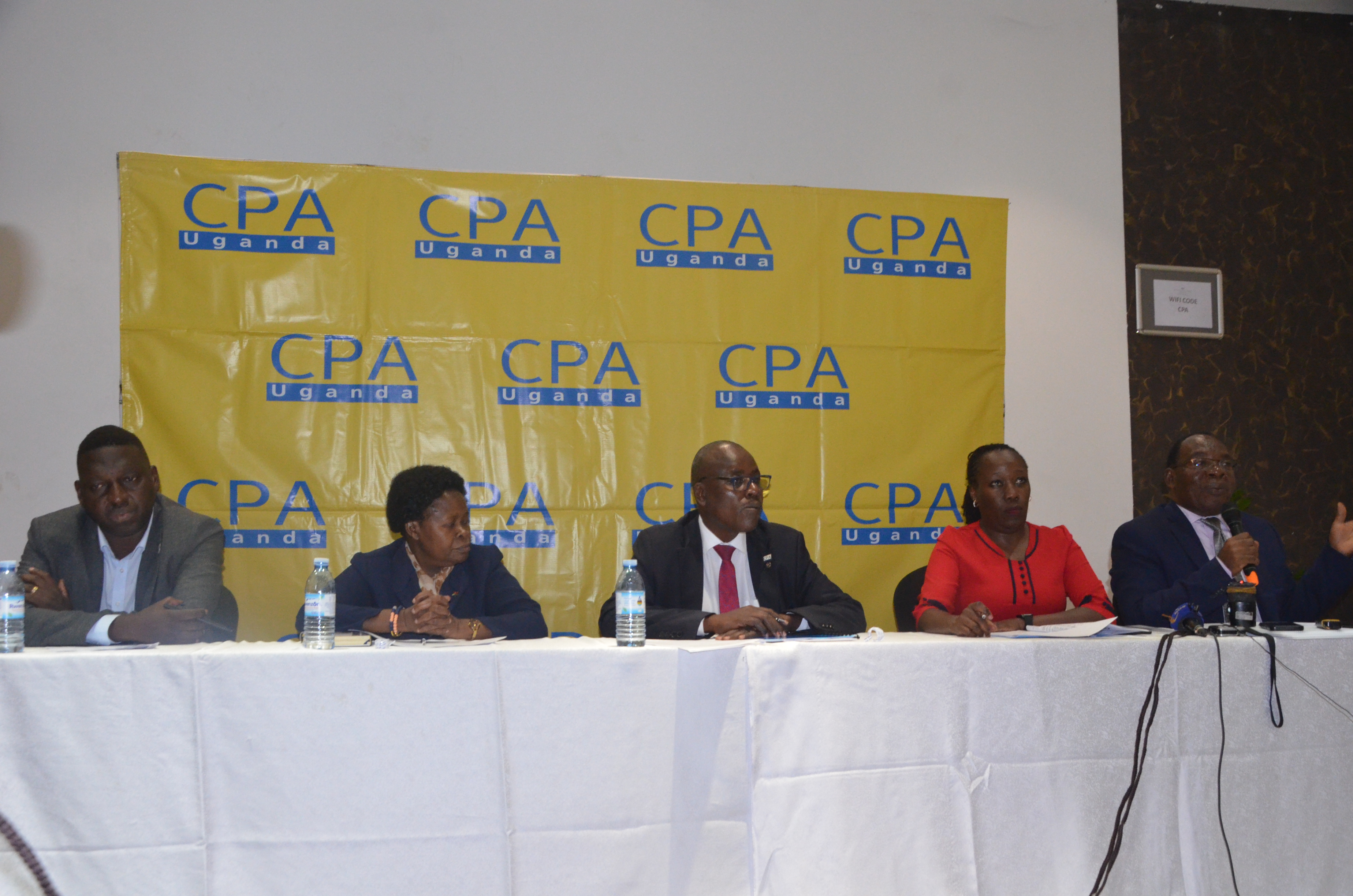 CPA Timothy Ediomu, Council member, ICPAU (L) , CPA Ronald Mutumba, Vice President of ICPAU (C),CPA Pro Laura Orobia, Chairperson PAEB (2nd R) and Mr. John Bosco Ntangaare, Director of Education, ICPAU (R) at the release of November Examinations diet 2023.