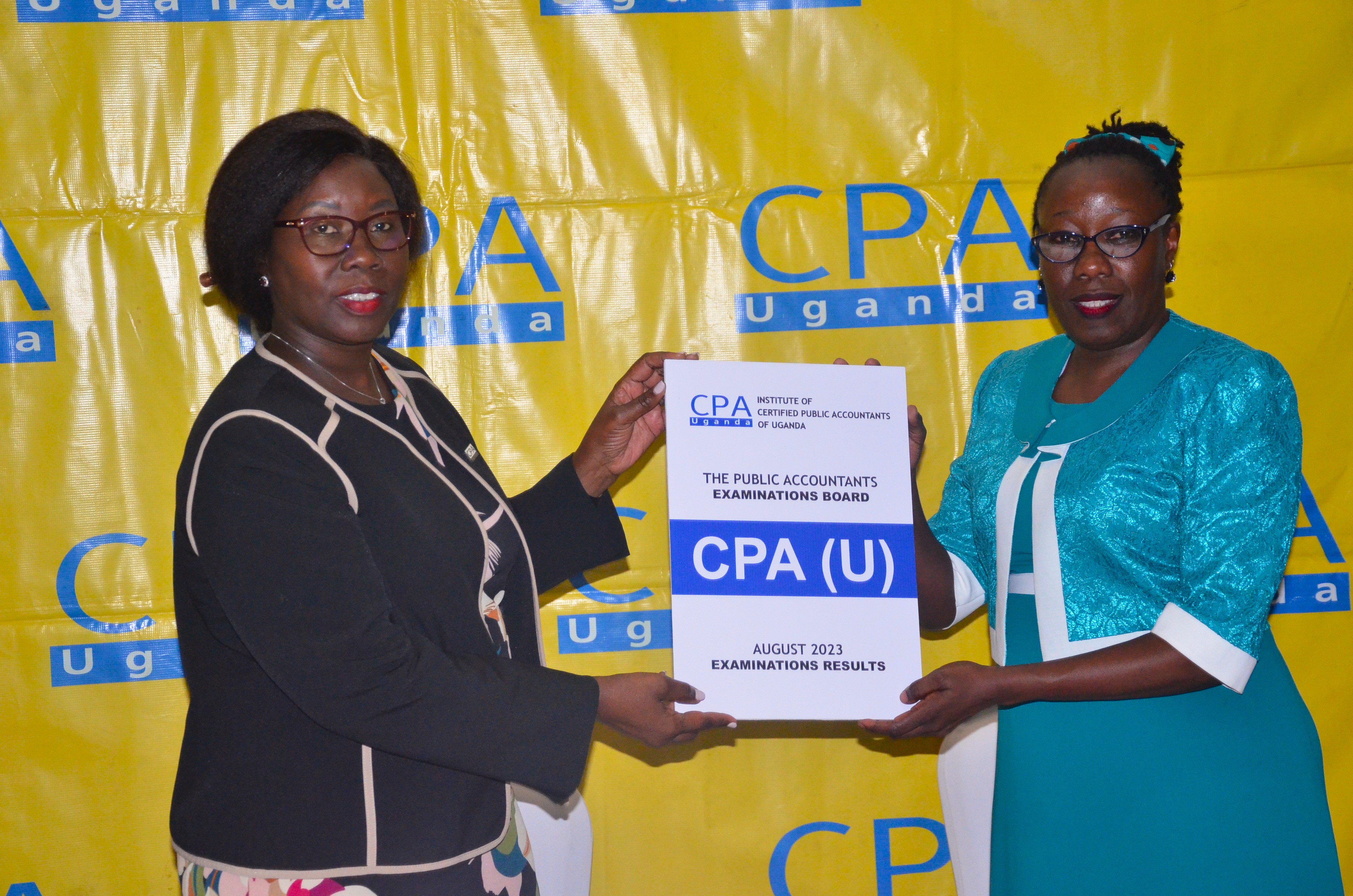 ICPAU President CPA Josephine Okui Ossiya accompanied by CPA Prof. Laura Orobia at the release of the 2023 August examination results.