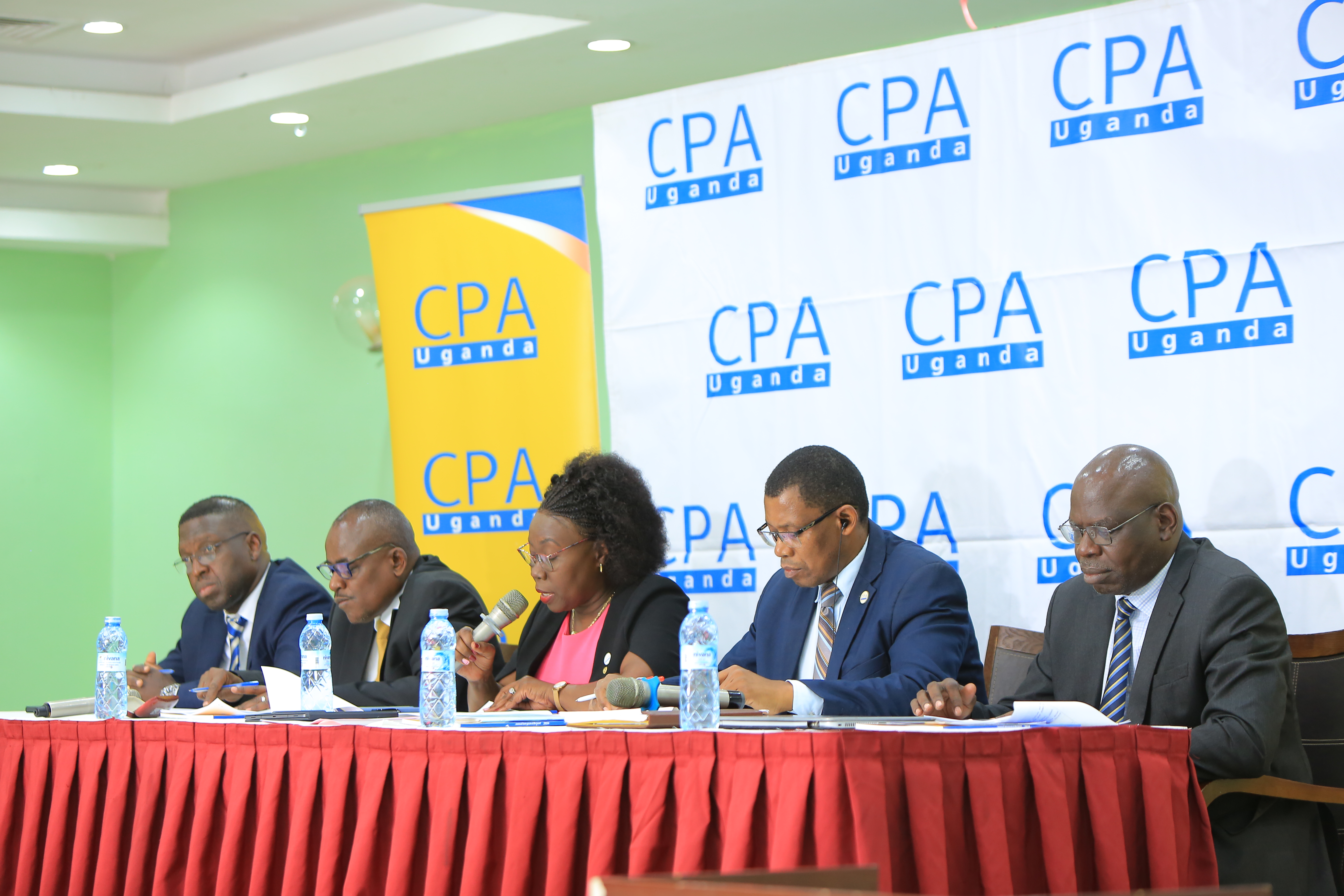 (L-R) Council Members; CPA Timothy David Ediomu, CPA Ronald Mutumba (Vice President), CPA Josephine Ossiya (President), CPA Derick Nkajja (Secretary) and CPA Albert Richards Otete during the 31st ICPAU AGM