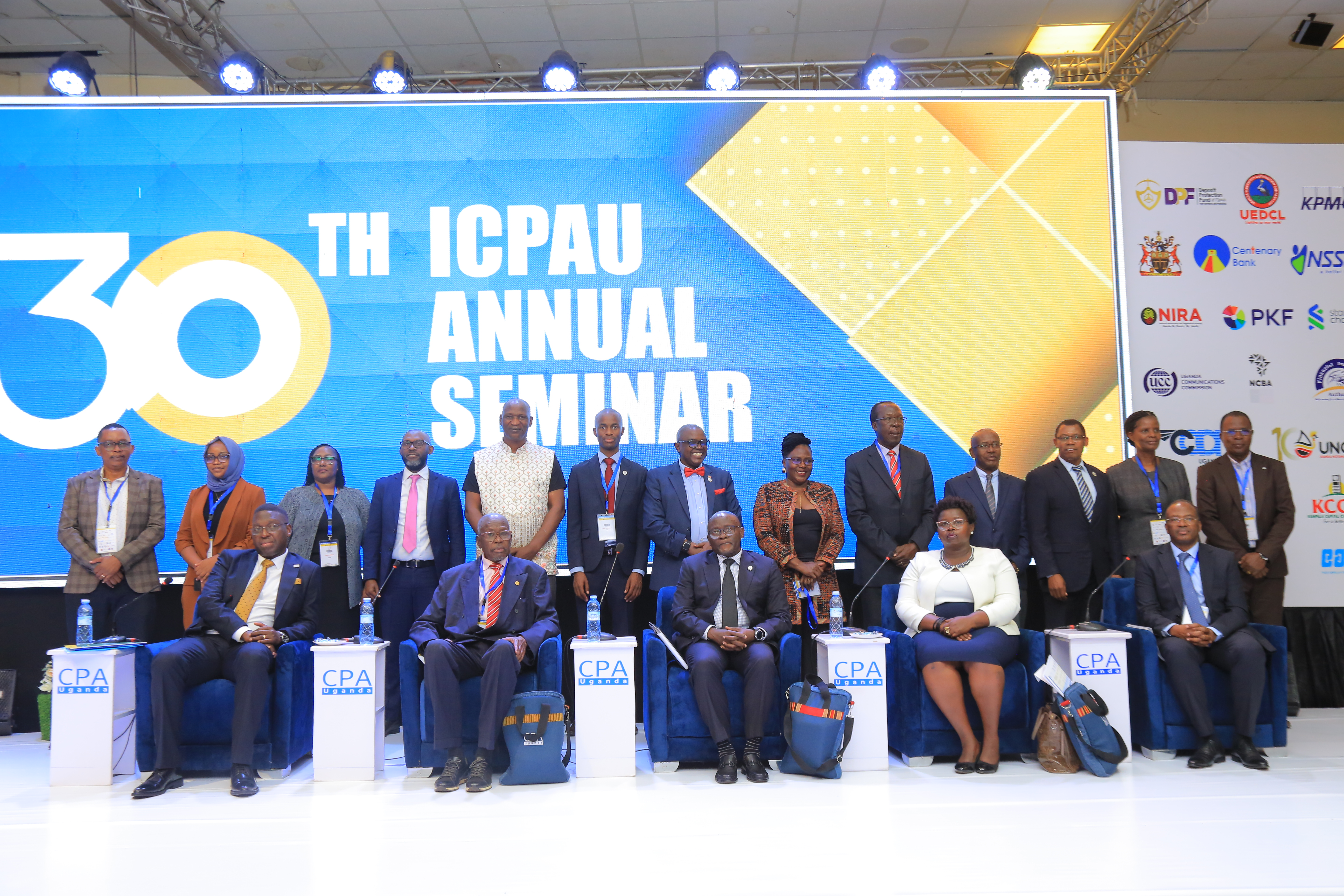 (L-R sitting) CPA Timothy David Ediomu - ICPAU President, CPA George Egaddu - 1st ICPAU President, Dr Peter Kimbowa, Hon Faith Nakut, CPA Alfred Kabuchu with delegates from ICPAR, ICPAK, PAFA & OPC