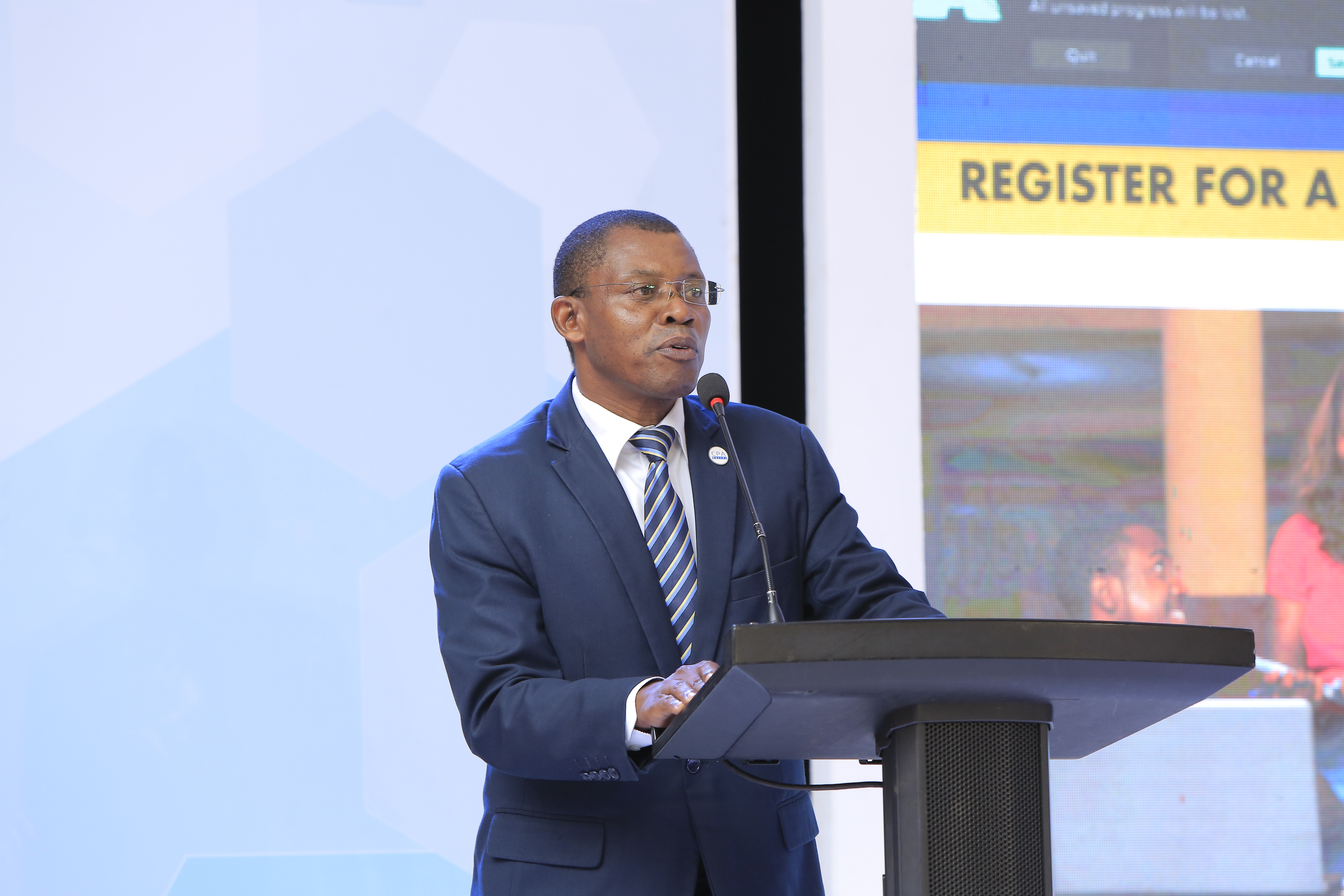 CPA Derrick Nkajja, CEO ICPAU, giving his opening remarks at the  2nd C-Suite Forum held at the Sheraton Kampala Hotel.