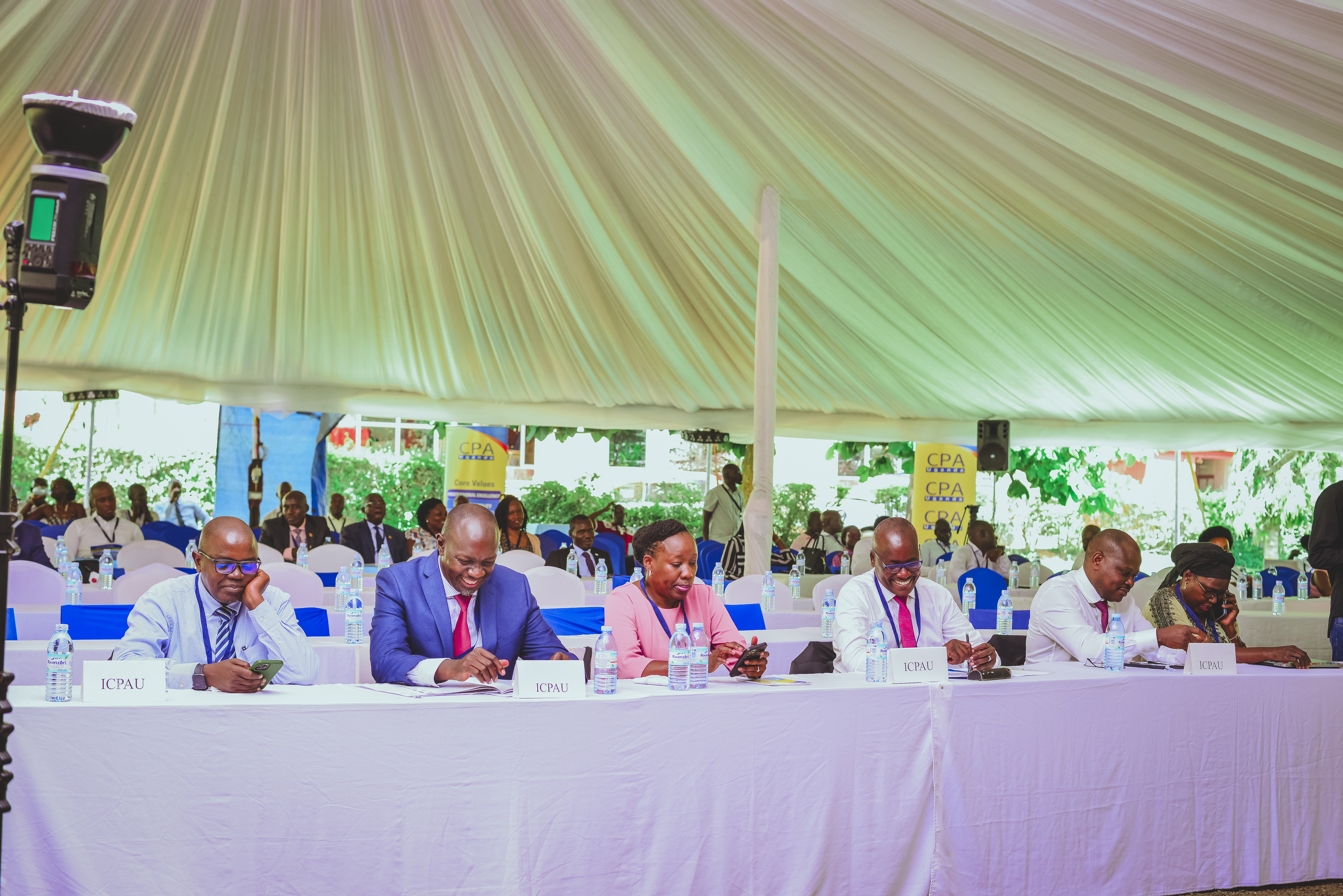 (L-R) CPA Constant Mayende - ICPAU 9th President, Eng. Steven Serunjogi - ICPAU Council member, CPA Prof. Laura Orobia - ICPAU Council member, CPA Ronald Mutumba - ICPAU Vice President, with CPA Derick Nkajja - Secretary/ CEO ICPAU, at the 2nd PFM Conference.