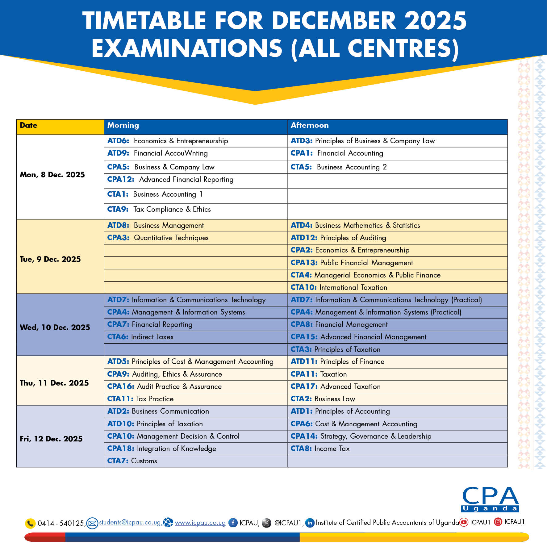 December 2025 Examinations Timetable