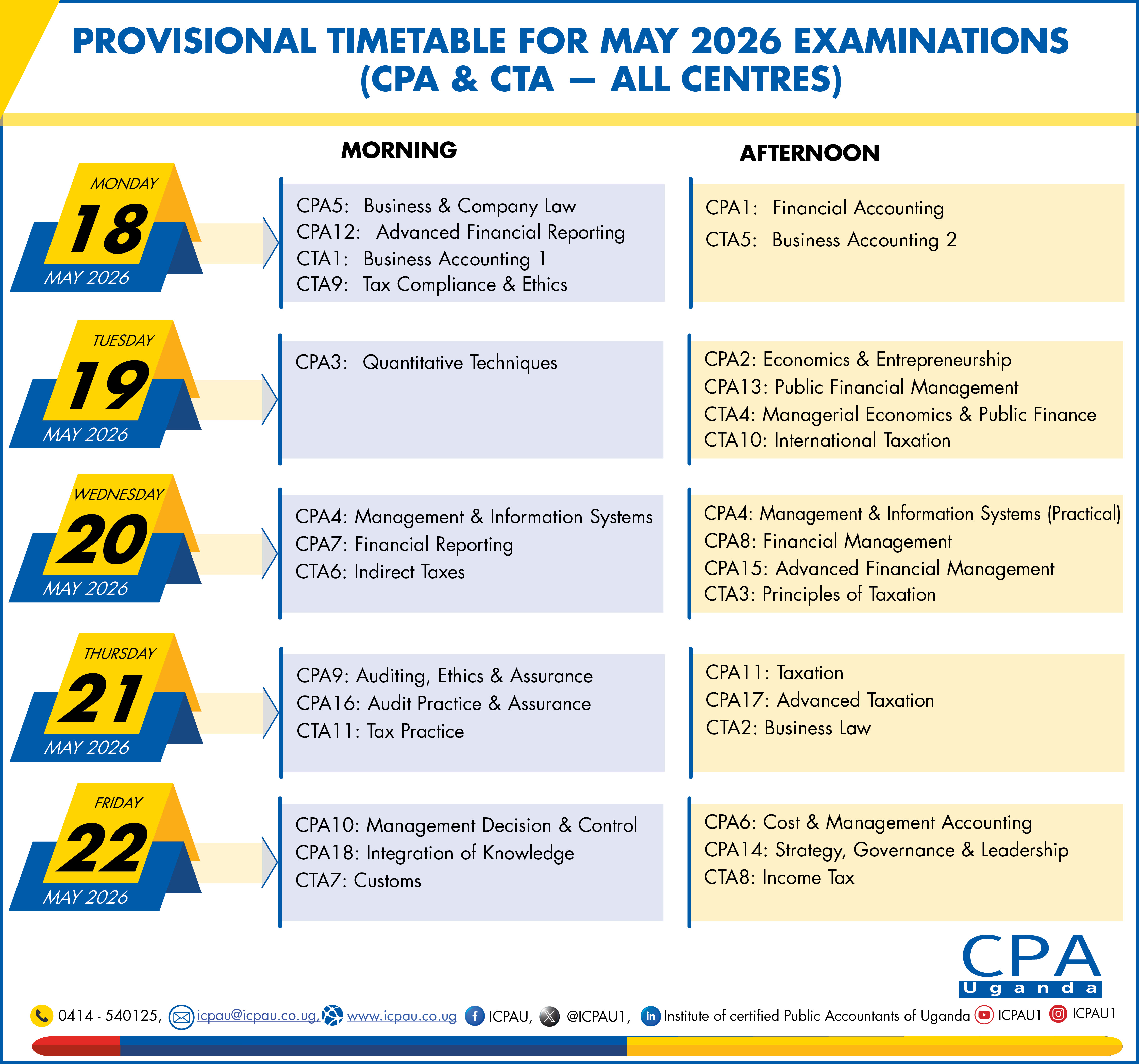 PROVISIONAL TIMETABLE FOR AUGUST 2026 EXAMINATIONS (CPA — KAMPALA CENTRE ONLY)