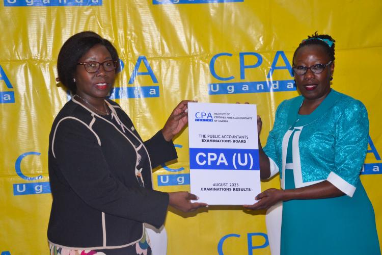 ICPAU President CPA Josephine Okui Ossiya accompanied by CPA Prof. Laura Orobia at the release of the 2023 August examination results.