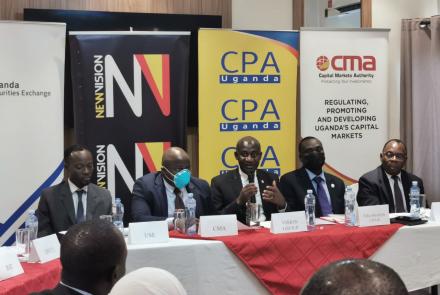 L-R: Mr Andrew Mwima - Trading and Research Manager at USE, Mr Ssembuya Dickson - Director of Research and Market Development at CMA, CPA Gervase Ndyanabo -Deputy Managing Director of Vision Group, CPA Stephen Ineget - Chairman of the Financial Reporting Awards Committee and Mr John Ntangaare, Director – Education at ICPAU